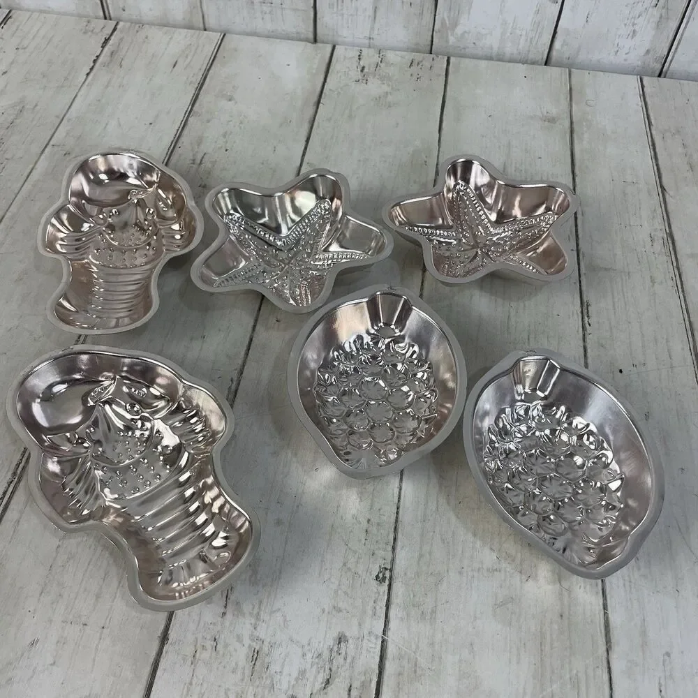 6 Vtg Lobster Starfish Sealife Molds Jello Kitchen Decor Metal Silver / Lt Pink
